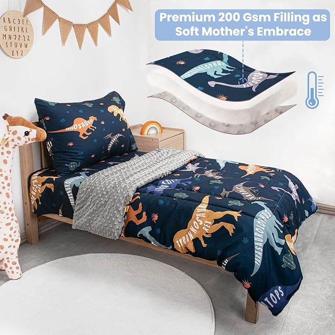Toddler Bedding Set, Plush Minky Fabric Crib Bedding Set for Girls, Breathable and Soft Baby Crib Bedding Set, Includes Toddler Comforter, Flat Sheet, Fitted Sheet and Pillowcase (Green Dinosaur)
