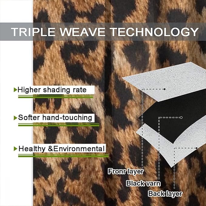 Leopard Print Window Curtains, Animal Fur Skin Brown Farmhouse Wild 3D Rustic Safari Theme Window Treatments for Kids Bedroom Living Room 42" W X 54" L