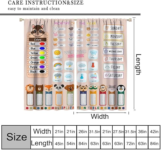 Funny Kids Educational Alphabet Curtain Cartoon Colorful Weather Multiplication Table Printed Rod Pocket Blackout Window Treatments for Bedroom Living Room 63" W X 72" L