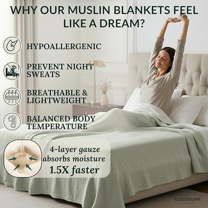 Cloud Scape Linen Oversized 4 Layer Muslin Blanket Queen Size - 100% Cotton, Lightweight & Breathable All Season Gauze, Pre-Washed, fits Full Bed, 92x92, Seafoam Grey