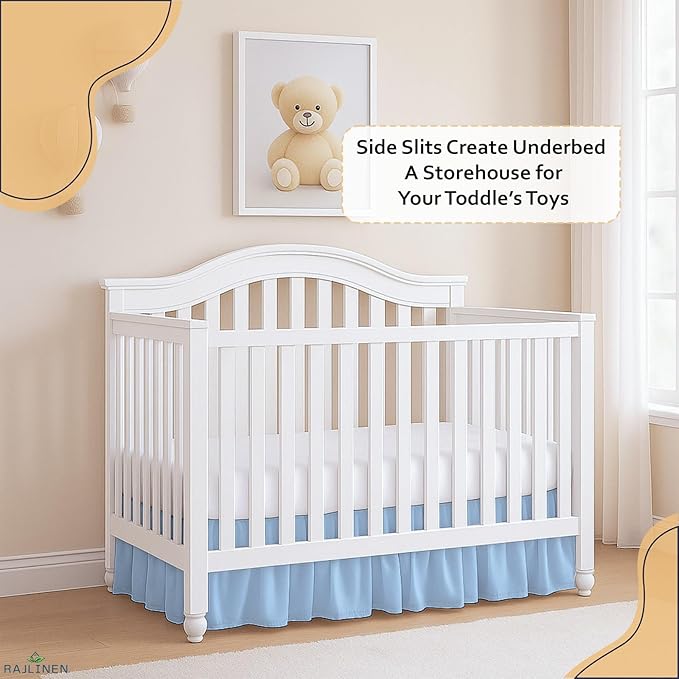 Rajlinen Ruffled Crib Bed Skirt, Microfiber, Dust Ruffle with Split Corners, 14" Drop, Nursery Toddler Bedding for Baby Boys or Girls, Light Blue
