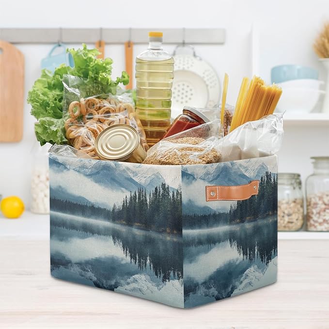 Collapsible Storage Bin 15x11in Mountain Lake Water Pattern Easter Storage Basket for Shelves, Dog Toy Organizing