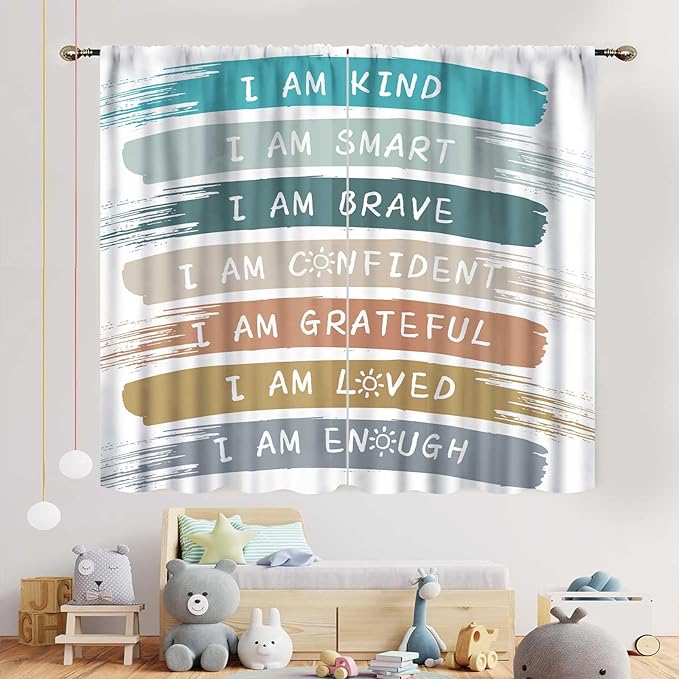 Rainbow Curtains for Classroom, Kids Girls Baby Boho Cute Inspirational Motivational Quotes Cartoon Colorful Pastel Nursery Classroom Bedroom Living Room Bathroom Window Drapes 2 Panels, 63"x63" Inch