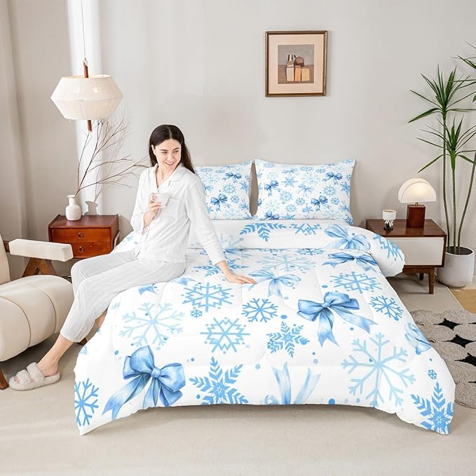 Lovely Bowknot Kids Bedding Set King Size,Dreamy Bowknot Dots Snowflake Comforter Set,Winter Merry Christmas Girly Quilt Comforter,Blue White Bedroom Duvet Insert,2 Pillowcases