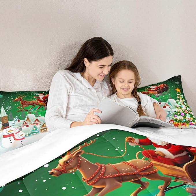 Manfei Christmas Comforter Set King Size, Snowman Xmas Tree Quilt Set with 2 Pillowcases, Santa Claus with Deer Bedding Set 3pcs for Kids Boys Girls Room Decor New Year Theme Duvet Insert