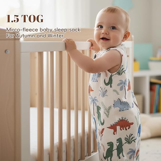 david's kids 3 Pack Warm Micro Fleece Baby Sleep Sack 12-18 Months, Soft Baby Wearable Blankets with 2-Way Zipper, Comfy Winter Sleeping Bags for Toddler Boys Girls Neutral, Large Size, Dinosaur