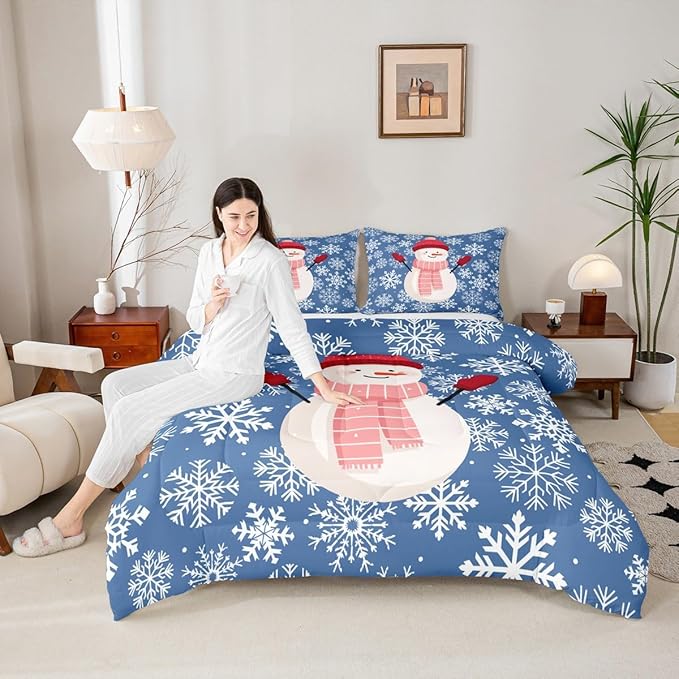 Feelyou Christmas Comforter Set Queen Size Snowman Blue Bedding Set for Kids Boys Girls Xmas Snowflakes Duvet Quilt Winter Snow Bedroom Decor Microfiber 3 Pcs with 2 Pillow Cases