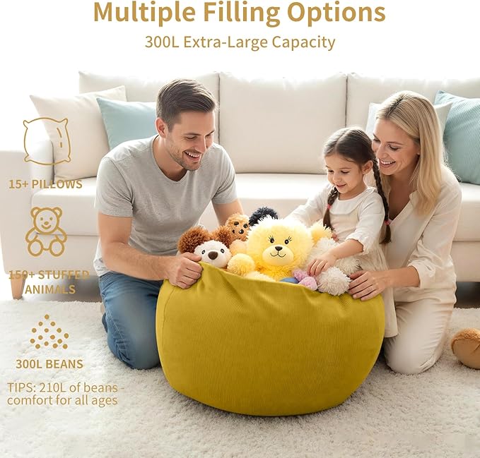 Nobildonna 3 ft Bean Bag Chair Cover (No Filler) 35"×43" Large Stuffed Animal Storage Bean Bag Washable Big Beanbag Chair Cover Premium Corduroy Stuffable Bean Bag Cover for Adults,Kids,Yellow 300L