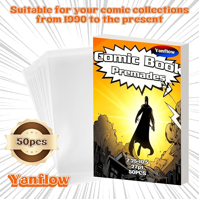 50 Pack Comic Book Bags and Boards Set 7.25x10.5 Inch Self-Sealing Comic Bags and Boards with Archival Boards for Long-Term Storage & Protection