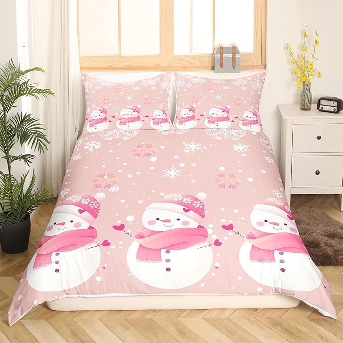 Manfei Kawaii Snowman Duvet Cover Set Twin Size, Cute Pink White Snowflake Comforter Cover with 1 Pillowcase, Christmas Theme Bedding Set 2pcs for Kids Girls Lightweight Bedspread Cover,No Comforter