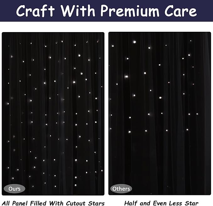 Kinryb Kids Star Cutout Curtains for Bedroom/Living Room/Classroom,2 Free Tiebacks Sheer Overlay 95 Inches 2 Panel Set, Double Layer Curtains for Kids Room(W52xL95 Inches,Navy Blue 2 Pcs)