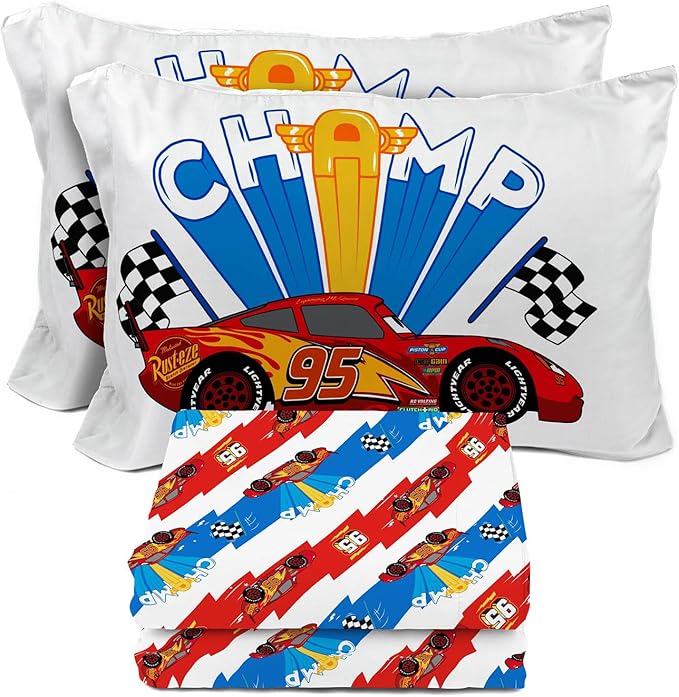 Sunny Side Up Disney Pixar Cars Lightning McQueen Full Sheet Set - 4 Piece Kids Racecar Bedding Set Includes Pillow Cover - Super Soft Microfiber Sheets