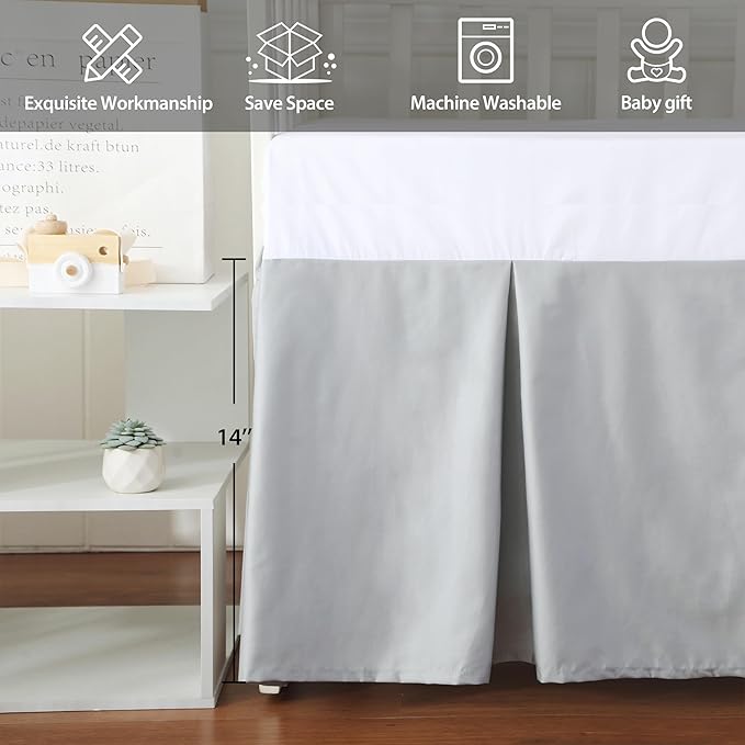Crib Skirt Dust Ruffle, 100% Egyptian Cotton 400 Thread Count Soft Breathable Crib Bedding Skirt for Baby, Boys and Girls, 52"X28" with 14" Crib Bed Skirt Fading Resistant (Grey Solid)