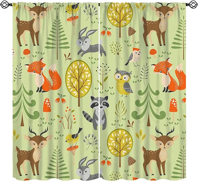 Cute Animals Curtains, Fox Bear Cartoon Wild Animals Blackout Window Treatments, Rod Pocket Thermal Insulated Drapes 2 Panel Sets for Kids Bedroom Nursery Classroom, 63" W X 72" L