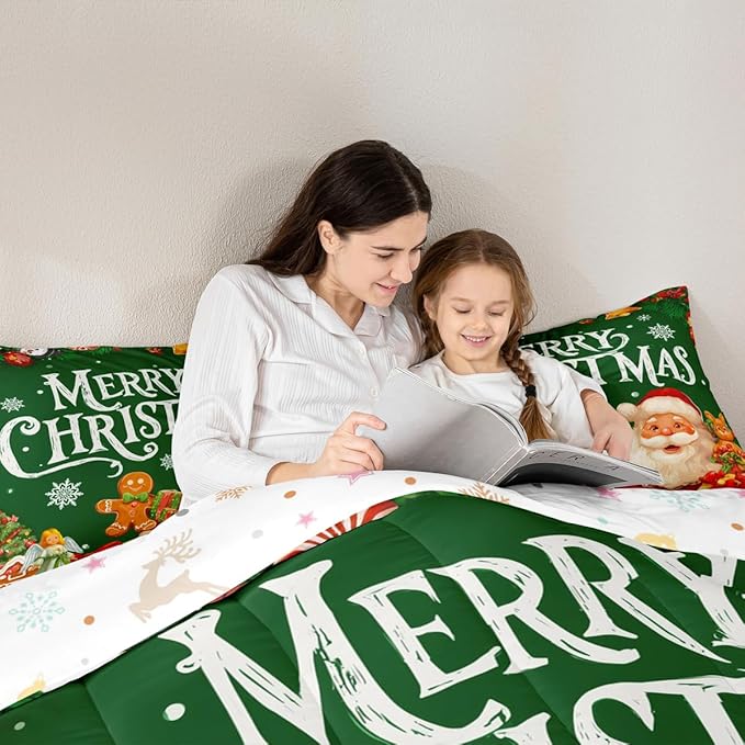 Feelyou Green Christmas Comforter Set All Season Santa Claus Bedding Set with 1 Pillow Cases Gingerbread Microfiber Kids Twin Bedclothes Bedroom Decor Duvet Quilt Breathable Soft