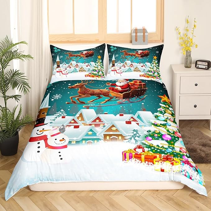 Manfei Christmas Duvet Cover Set King Size, Xmas Tree Snowman Bedding Set for Kids Boys Girls, Santa Claus with Reindeer Comforter Cover New Year Theme Quilt Cover with 2 Pillowcases, No Comforter