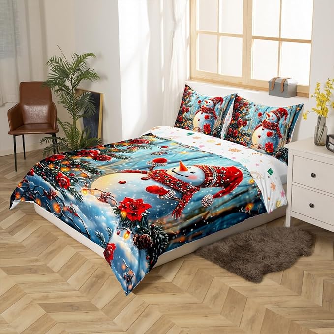 Manfei Christmas Kids Duvet Cover Set Queen Size, Cute Snowman Xmas Bedding Set for Boy Girls Room Decor, Red Flower New Year Comforter Cover, Lightweight Bedspread Cover, 2 Pillowcases, No Comforter