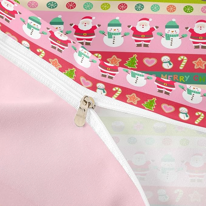 Feelyou Cartoon Christmas Bedding Set for Kids Boys Girls Santa Claus Snowman Comforter Cover Pink Xmas Theme Duvet Bedroom Decor Tree Bedspread Full Size Collection 3Pcs