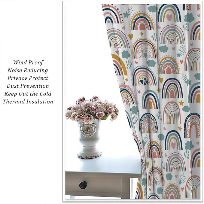 Kids Rainbow Curtains Boho Cartoon Colorful Stars Love Heart Lovely Abstract Art Pattern Print Window Drapes for Girl Bedroom Living Room Kitchen Decor,2 Panel Set,52Wx84H Inch Blackout