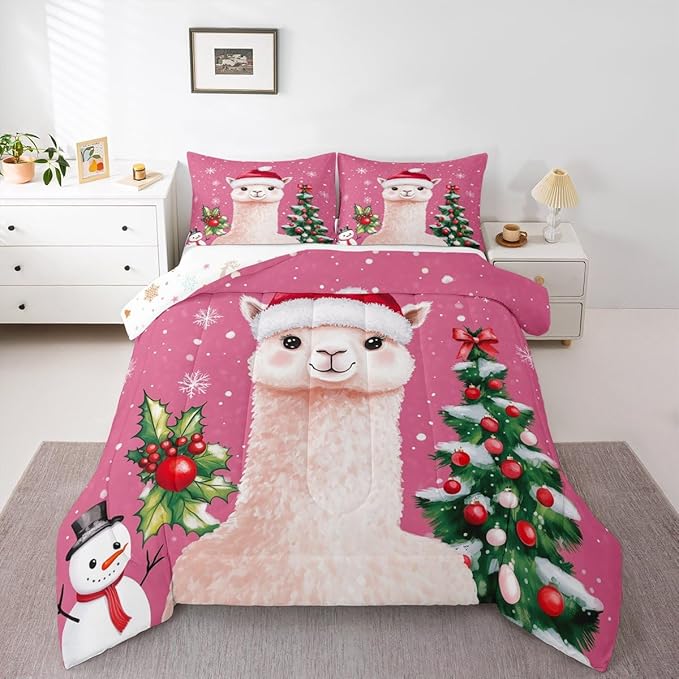 Feelyou Merry Christmas Bedding Set Soft for Boys Girls, Cute Llama Comforter Set Twin Size Snowflake Duvet Quilt Microfiber Christmas Tree Bedroom Decor 2 Pcs with 1 Pillow Cases