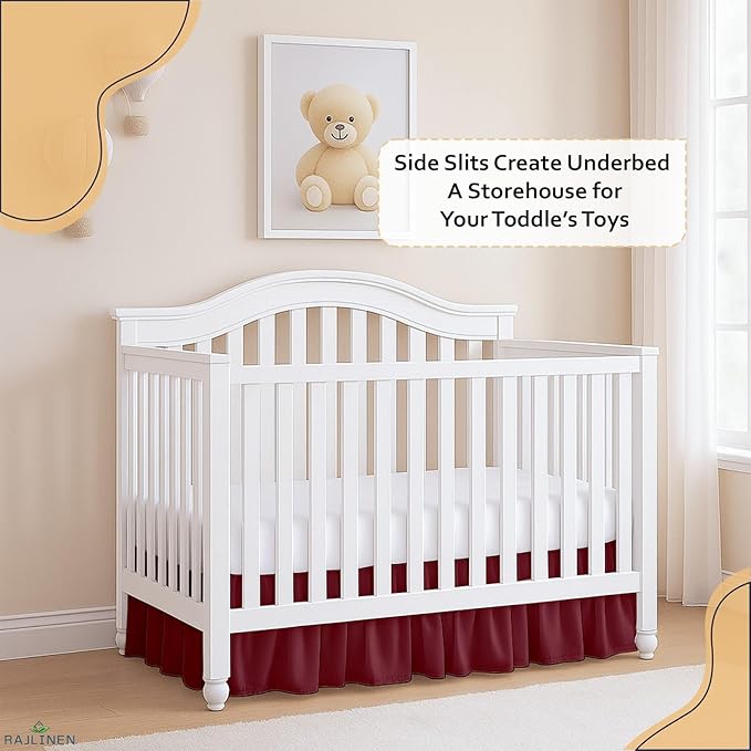 Rajlinen Ruffled Crib Bed Skirt, Microfiber, Dust Ruffle with Split Corners, 14" Drop, Nursery Toddler Bedding for Baby Boys or Girls, Burgundy