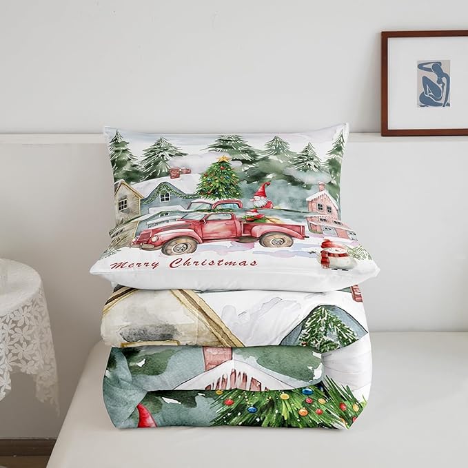 Red Old Truck Comforter Set Queen Size,Christmas Tree Gnome Bedding Set for Kids Boys Girls Room Decor,Snowman Winter Rustic Style Duvet Insert 3Pcs,Merry Christmas Retro Quilt Set,2 Pillowcases
