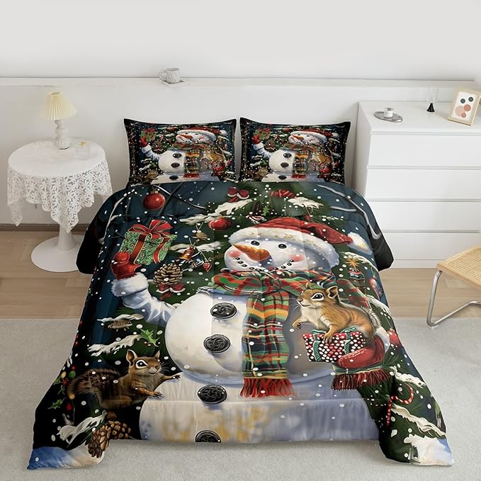 Feelyou Christmas Kids Comforter Set King Size Snowman Squirrel Bedding Set Snowflake Gift Duvet Quilt for Kids Boys Girls Bedroom Branch Berry Decor Microfiber Ultra Soft Breathable