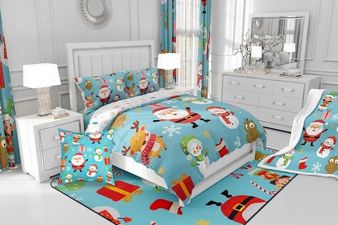 Erosebridal Merry Christmas Comforter Set Cartoon Santa Claus Quilts Toddler Size Holiday Snowman Deer Elk Bedding Set Xmas Decor for Kids Boys Teens Cute Owl Animal Down Comforter,Blue