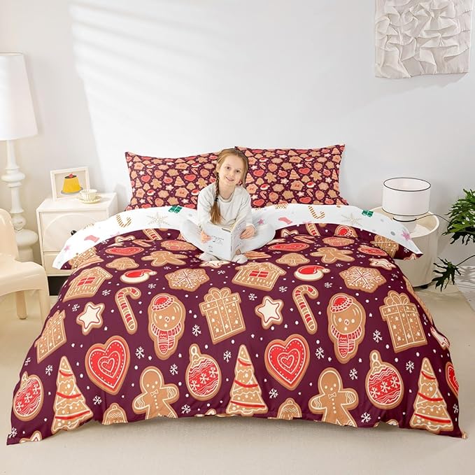 Christmas Duvet Cover Boys Christmas Gingerbread Man Bedding Set for Kids Teens Ultra Soft Snowflake New Year Comforter Cover Set Xmas Theme Bedspread Cover Room Decor Twin Size Bedclothes Zipper