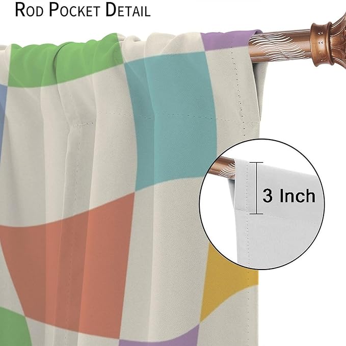 Checkered Curtains,70s Vintage Twisted Checkered Window Drapes Colorful Groovy Trendy Wavy Hippie Grid Print Window Treatments for Kids Girls Bedroom Living Room Bathroom 63" W X 63" L