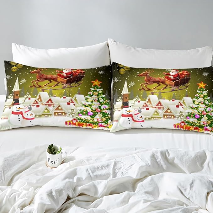 Manfei Christmas Duvet Cover Set Full Size, Xmas Tree Snowman Comforter Cover with 2 Pillowcases, Santa Claus with Deer Bedding Set for Kids Boys Girls New Year Theme Bedspread Cover, No Comforter
