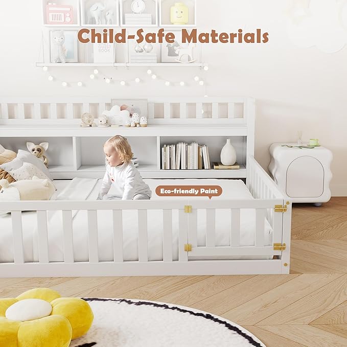 mikibama Full Size Floor Bed with Side Bookcase and Shelves, Montessori Floor Bed with Guardrails for Bedroom, Wood Full Floor Bed Frame with Storage for Girls, Boys, White