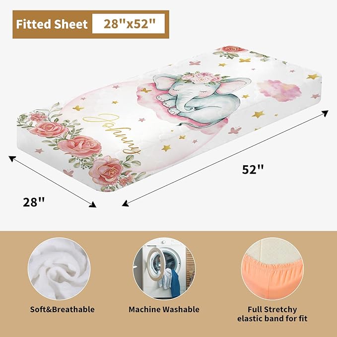 Custom Baby Crib Bedding Set, 3 Pcs Personalized Nursery Bedding Set with Name, Soft Baby Bedding Crib Sets with Blanket - Toddler Crib Sets for Girls Boys, Infant Newborn Gifts, Pink Elephant
