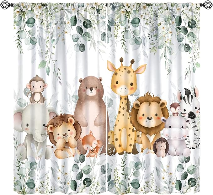 Kids Safari Animal Curtains Woodland Wildlife Jungle Animals Window Treatments for Boys Girls Bedroom Cute Cartoon Lion Nursery Children Drapes for Living Room W42xL54(Decor)