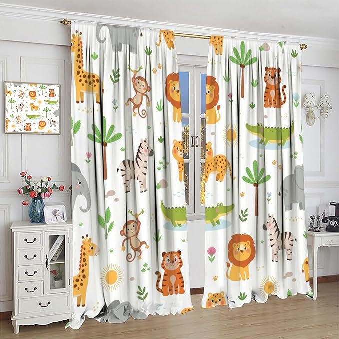 Cartoon Animal Curtains, Safari Woodland Jungle Forest Wildlife Window Treatments, Rod Pocket Thermal Insulated Drapes 2 Panel Sets for Kids Bedroom Nursery Classroom, 42" W X 45" L