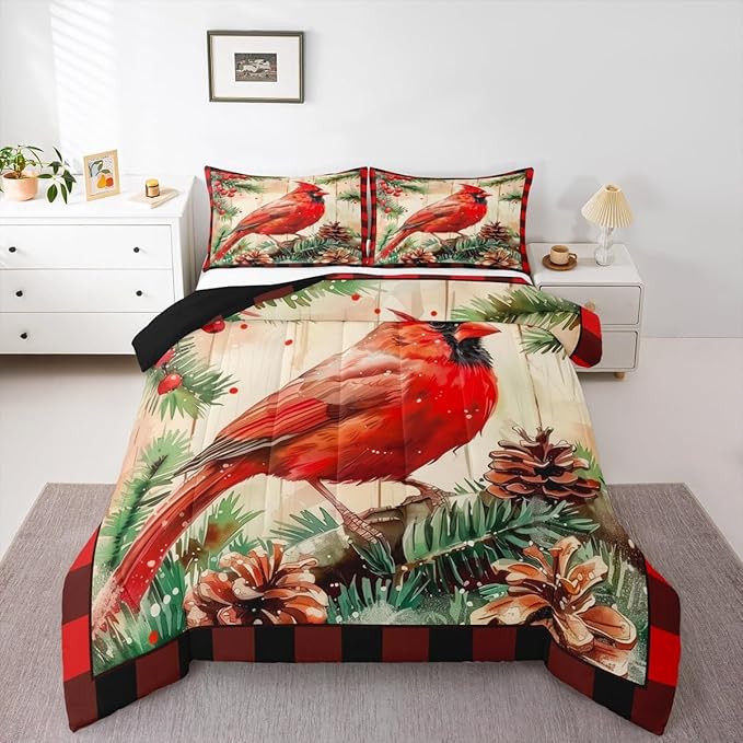 jejeloiu Kids Red Cardinal Comforter Set Queen Size Christmas Red Black Plaid Bedding Set for Boys Girls Teens Xmas Birds Winter Rustic Wood Plank Animal Duvet Quilt Room Decor