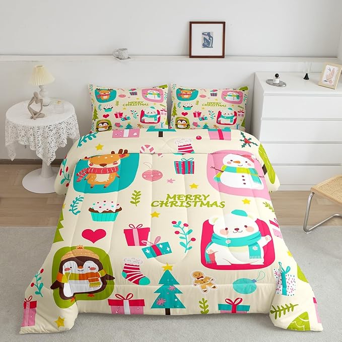 Erosebridal Merry Xmas Comforter Set Twin Size Christmas Tree Quilt for Kids Boys Girls Cartoon Penguin Bear Bedding Set Cute Deer Elk Duvet Insert with 1 Pillow Case