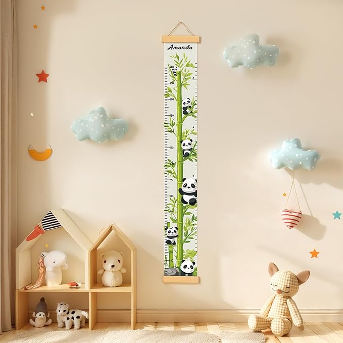 Personalized Name Height Chart for Kids, Kids Growth Chart for Wall, 59" X 7.9" Canvas Removable Height Chart Measuring Ruler for Kids & Baby(Painted Bamboo and Panda）