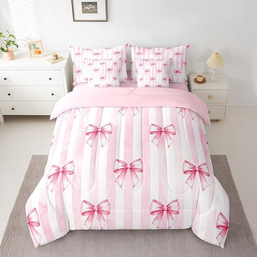 7 Pieces Pink Bowknot Kids Comforter King,Bow Tie Geometric Stripe Bedding Set,Butterfly Knot Princess Style Fashion Pink Romantic（Comforter+Fitted+Flat Sheet+2 Pillowcases+2 Throw Pillow Covers）