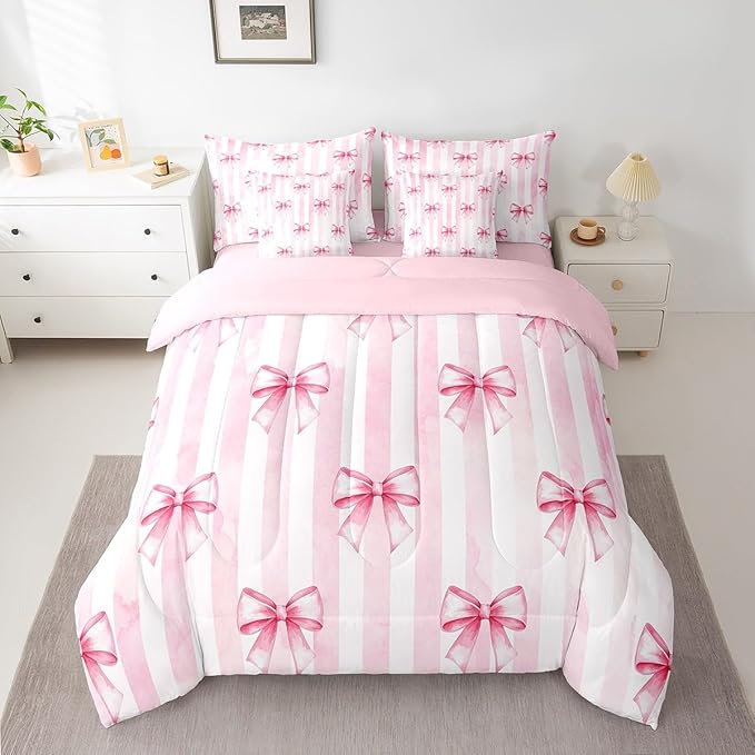 7 Pieces Pink Bowknot Kids Comforter Full,Bow Tie Geometric Stripe Bedding Set,Butterfly Knot Princess Style Fashion Pink Romantic（Comforter+Fitted+Flat Sheet+2 Pillowcases+2 Throw Pillow Covers）