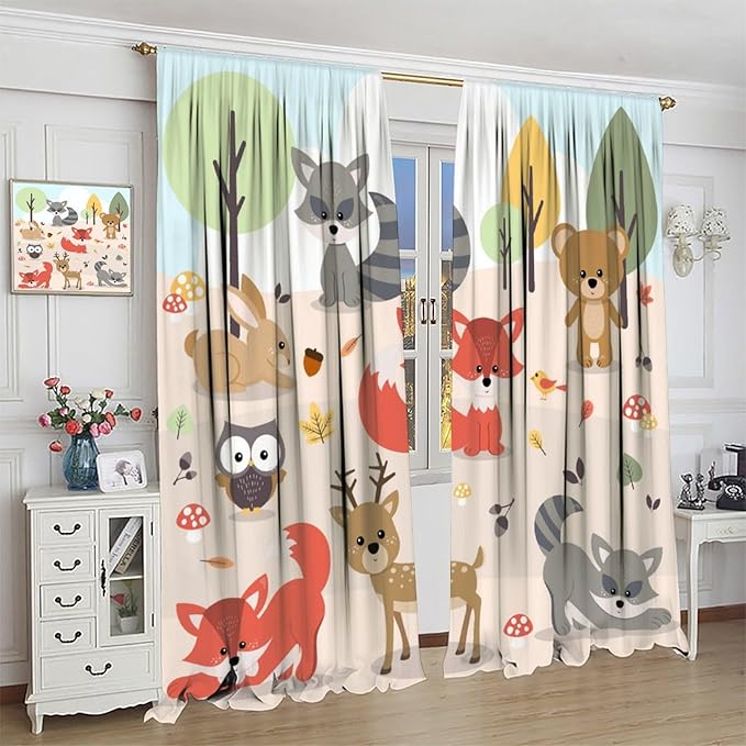 Kids Cartoon Forest Animal Curtains, Cute Woodland Animal Window Treatments for Bedroom Wildlife Fox Bear Deer Bunny Bird Blackout Window Drapes for Girls Boys Nursery Toddler Playroom 63x72in