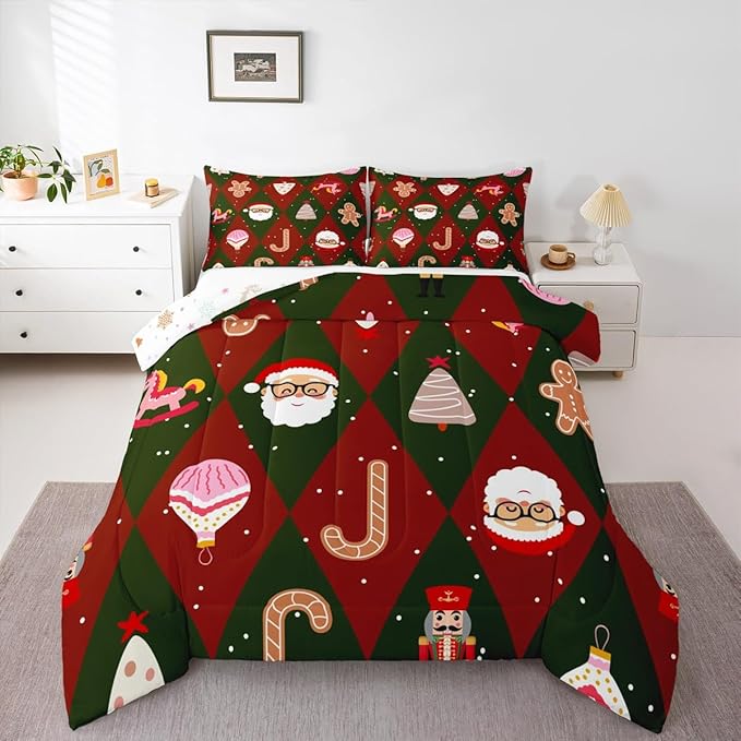 Feelyou Merry Christmas Bedding Set Soft for Boys Girls, Santa Claus Comforter Set Toddler Size Xmas Tree Nutcracker Soldier Duvet Quilt Gingerbread Man Bedroom Decor 2 Pcs with 1 Pillow Cases