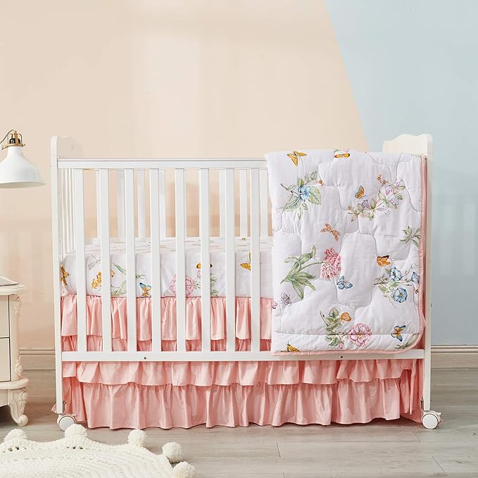 Brandream Blush Pink Shabby Chic Girl Ruffled Crib Bed Skirt Dust Ruffle Triple Layer 100% Egyptian Cotton Sateen Silky Nursery Bedding