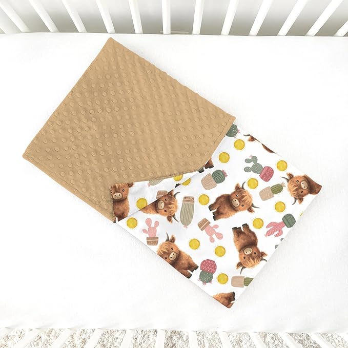 Baby Blankets for Girls Boys 30" x 40", Soft Double Layer Minky Blanket Dotted Fleece Back, Nursery Bed Receiving Quilt Newborn Infant Toddler Shower Gift Boho Highland Cow Cactus Sun Theme