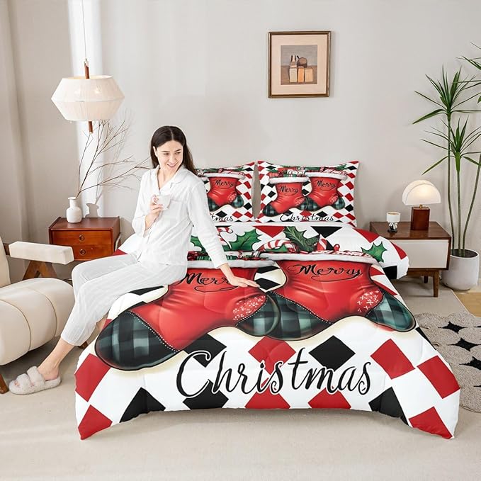 Feelyou Merry Christmas Comforter Set Twin Size Cartoon Shoes Bedding Set for Kids Boys Girls Duvet Quilt Winter Bedroom Decor Microfiber 2 Pcs with 1 Pillow Cases