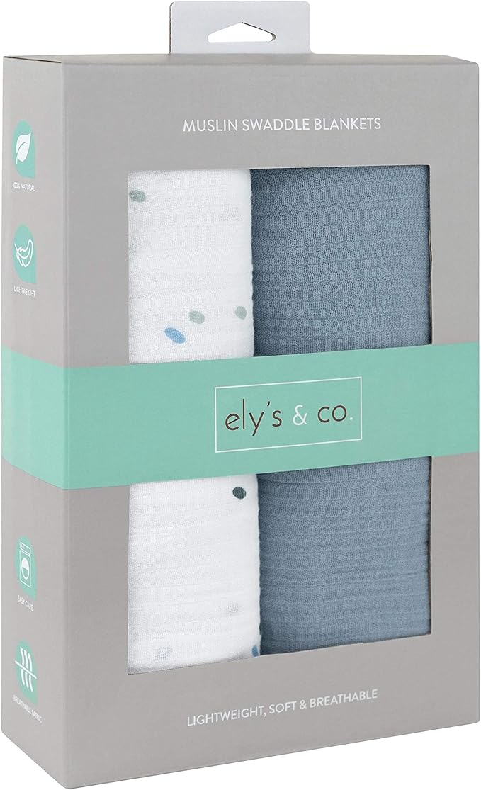 Ely's & Co. Cotton Muslin Swaddle Blanket 2-Pack for Baby Boy — 100% Cotton Muslin Extra-Large Swaddle Blankets (47” x 47”) Blue Raindrops | Solid Blue