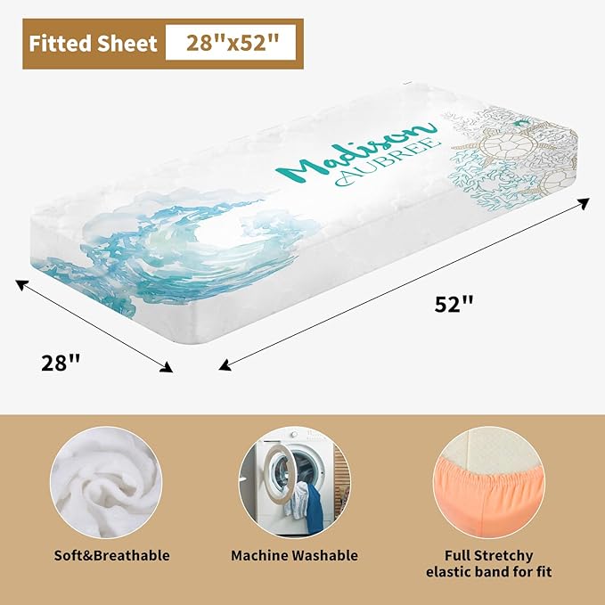 Custom Baby Crib Bedding Set, 3 Pcs Personalized Nursery Bedding Set with Name, Soft Baby Bedding Crib Sets with Blanket - Toddler Crib Sets for Girls Boys, Infant Newborn Gifts, Blue Ocean