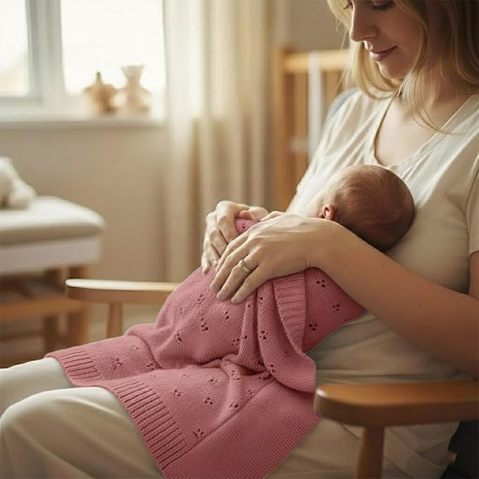 Baby Knit Blanket, 100% Cotton Eyelet Patterns, Soft, Cozy, Lightweight Swaddle for Newborn & Infant Swaddling Beige Neutral, Perfect Baby Shower Ideas Rose Pink 30x30
