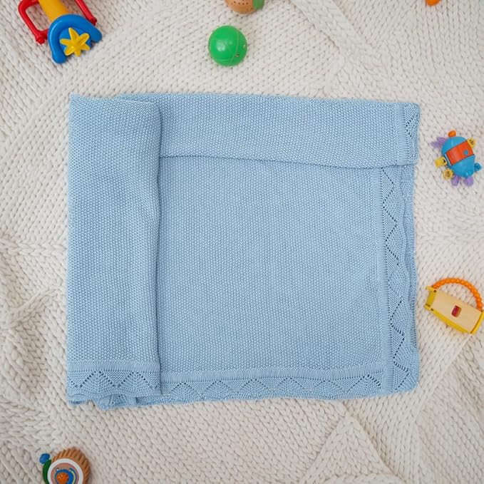 Baby Knit Blanket Soft Breathable Cotton Scallop Border Blankets Newborn Knitted Blanket Swaddle Blankets Gifts for Baby Newborn Toddler Shower Boy Girl New Mom Birthday Christmas Blue 30x40