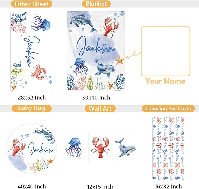 Personalized Crib Bedding Set, 5 Pcs Custom Name Nursery Bedding Sets, Marine Animals Infant Bedding Set for Baby Boy Girl, Double Layer Baby Crib Set, Babies Toddlers Kids Customized Gifts